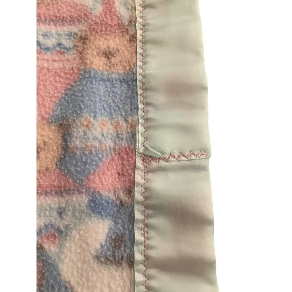 Vintage‎ Baby Blanket Teddy Bear Snowman Fleece Acrylic Trim 51 X 39